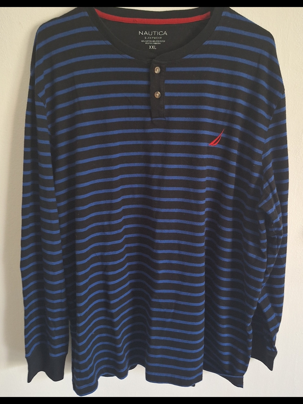 Nautica Men's XXL Black Blue Striped Henley Long Sleeve Button Pajama Top